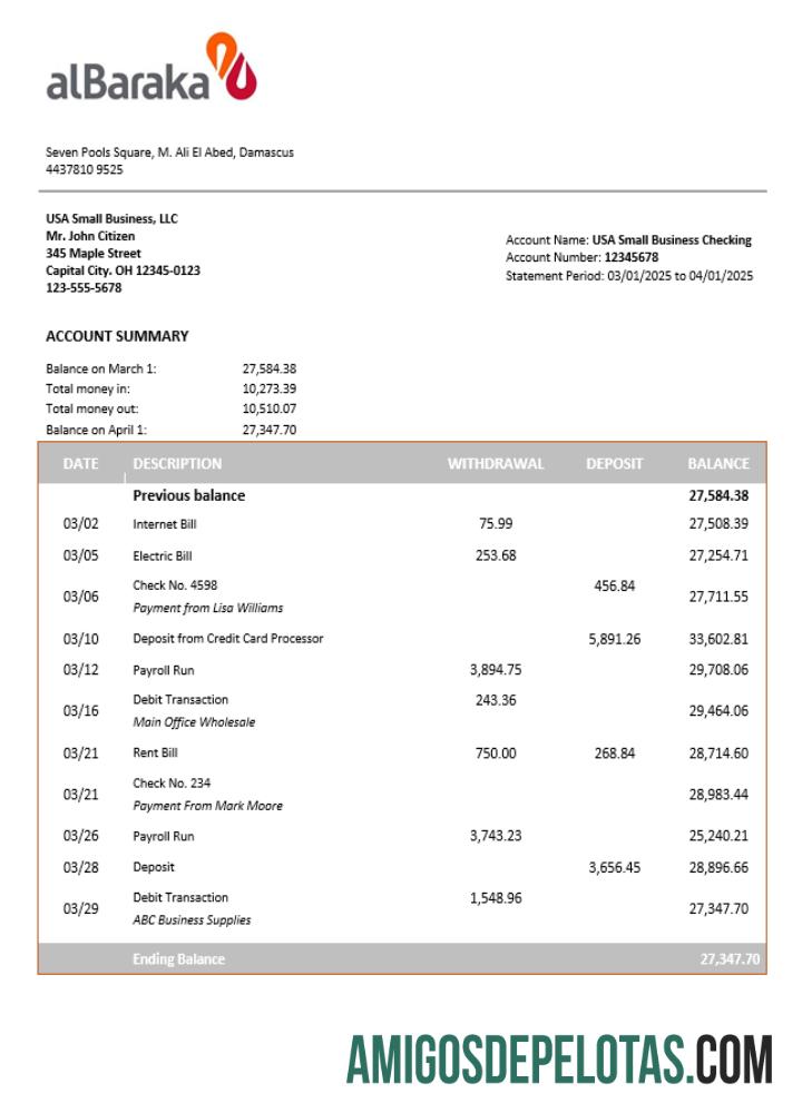 Realista Syria Al Baraka Extrato de conta corrente corporativa modelo Word e PDF